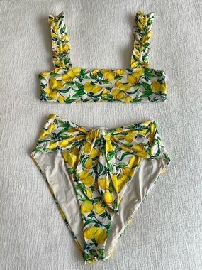 Onia x WeWoreWhat Lemon Print Bikini Set Ruffle Top M High Waist Bottom S